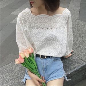 BOGO: Perforated Scallop Trim 3/4 Sleeve Top